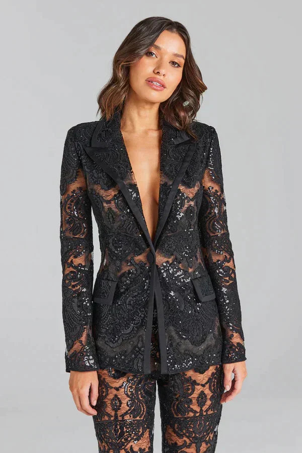 Lace Co-Ord Set with Sheer Blazer and Flared Trousers