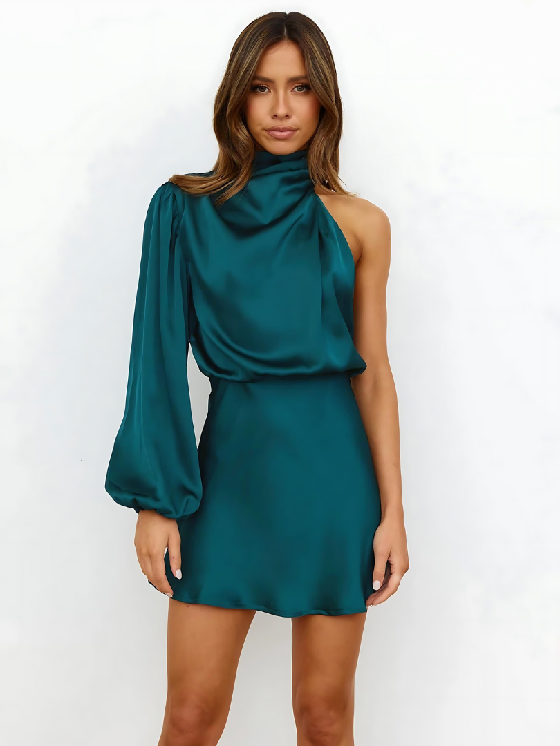 One-Shoulder Satin Mini Dress with Long Sleeve