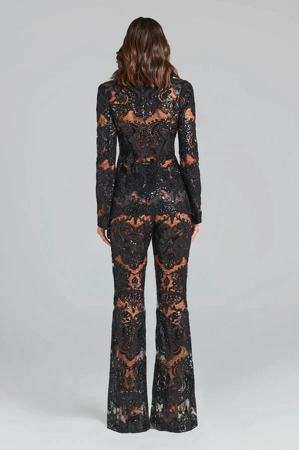 Lace Co-Ord Set with Sheer Blazer and Flared Trousers