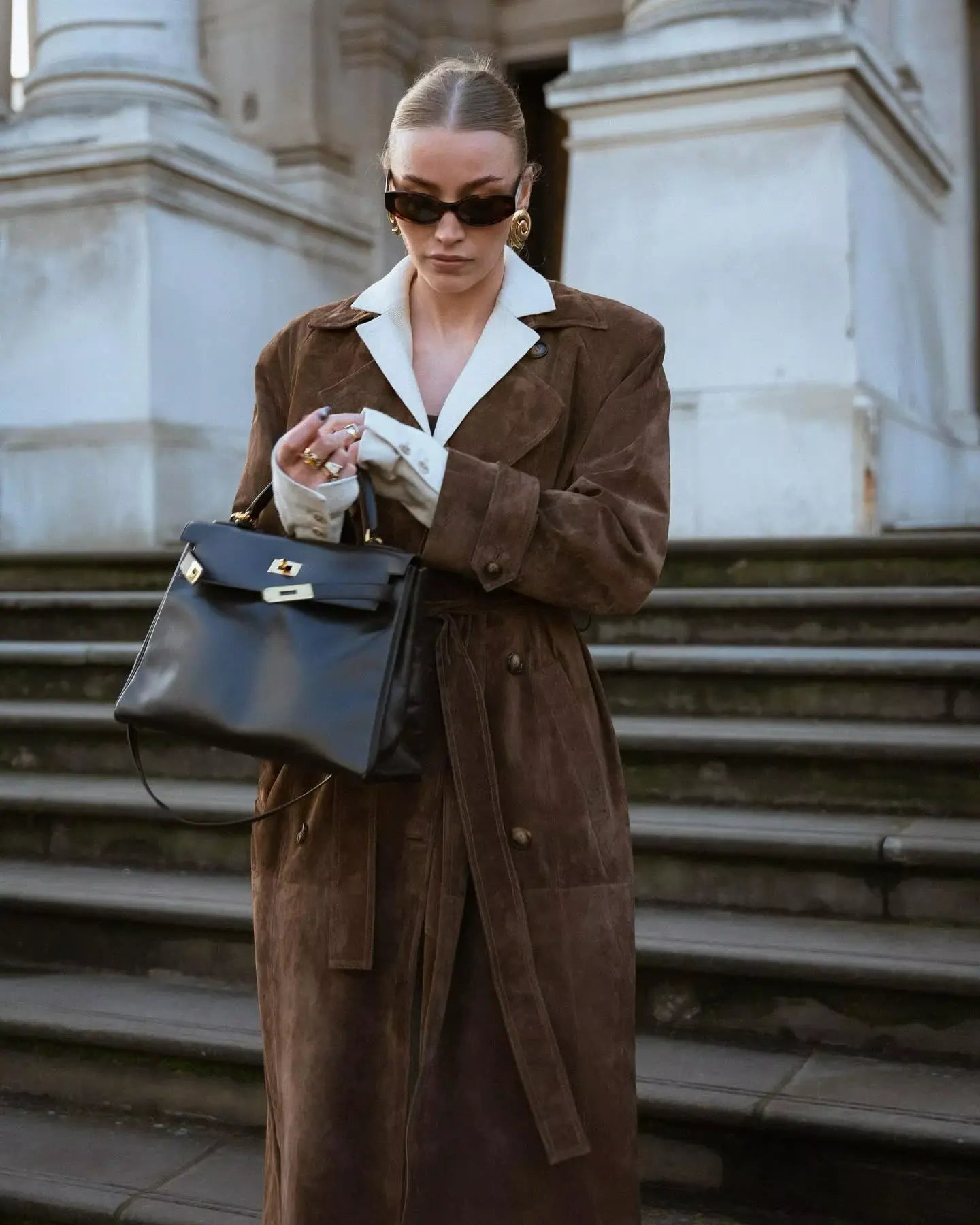 Classic Long Trench Coat with Waist Belt and Double-Breasted Design