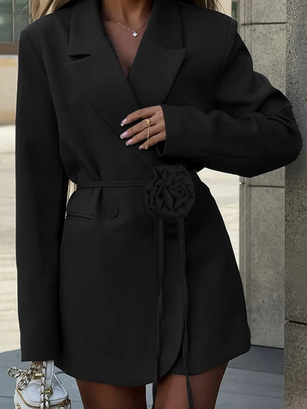 Elegant Double-Breasted Blazer Dress with Floral Belt Detail