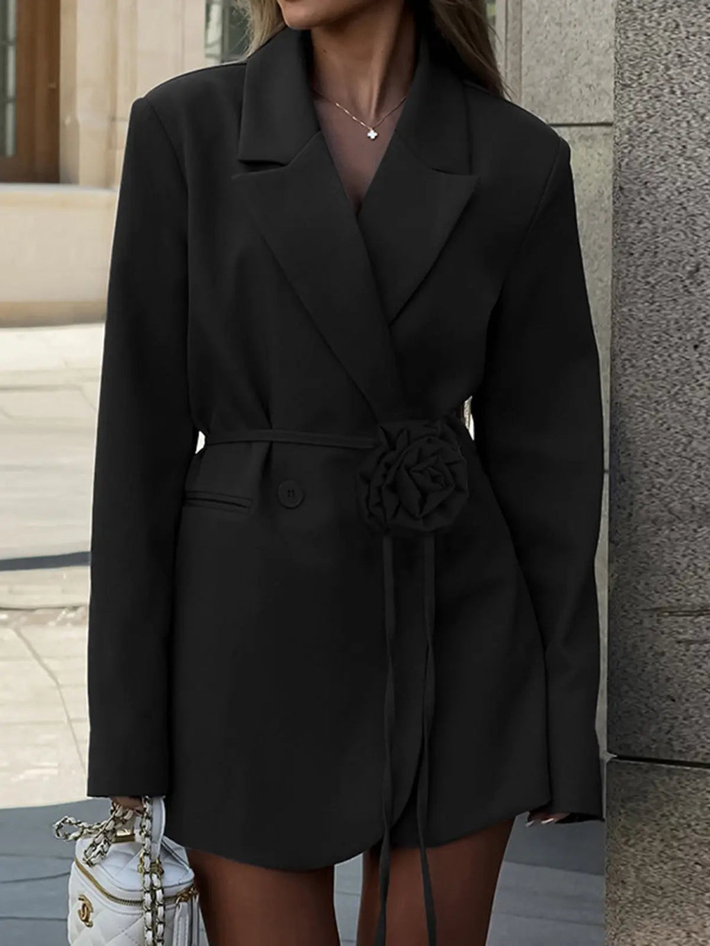 Elegant Double-Breasted Blazer Dress with Floral Belt Detail