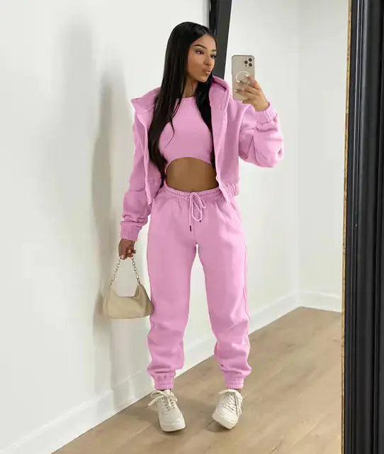 Three-Piece Loungewear Set with Cropped Hoodie, Bralette and Joggers