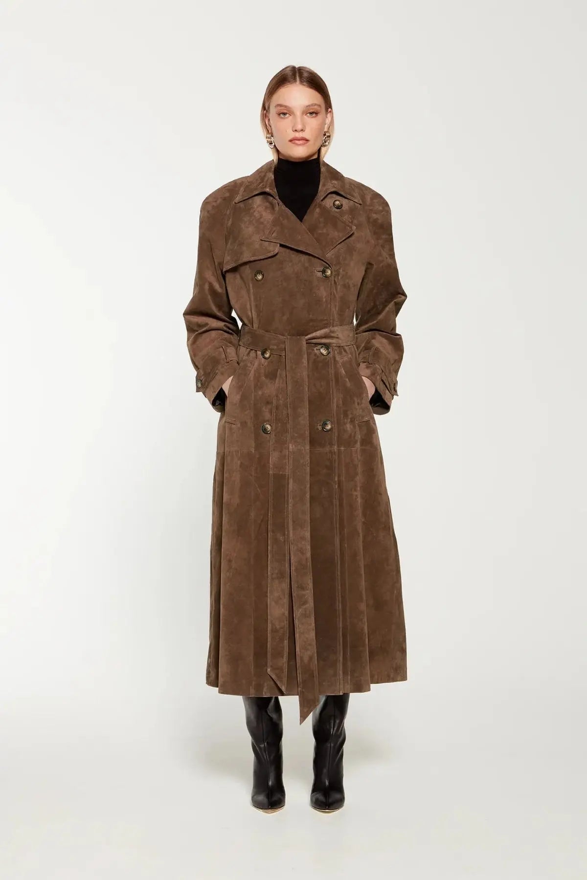 Classic Long Trench Coat with Waist Belt and Double-Breasted Design