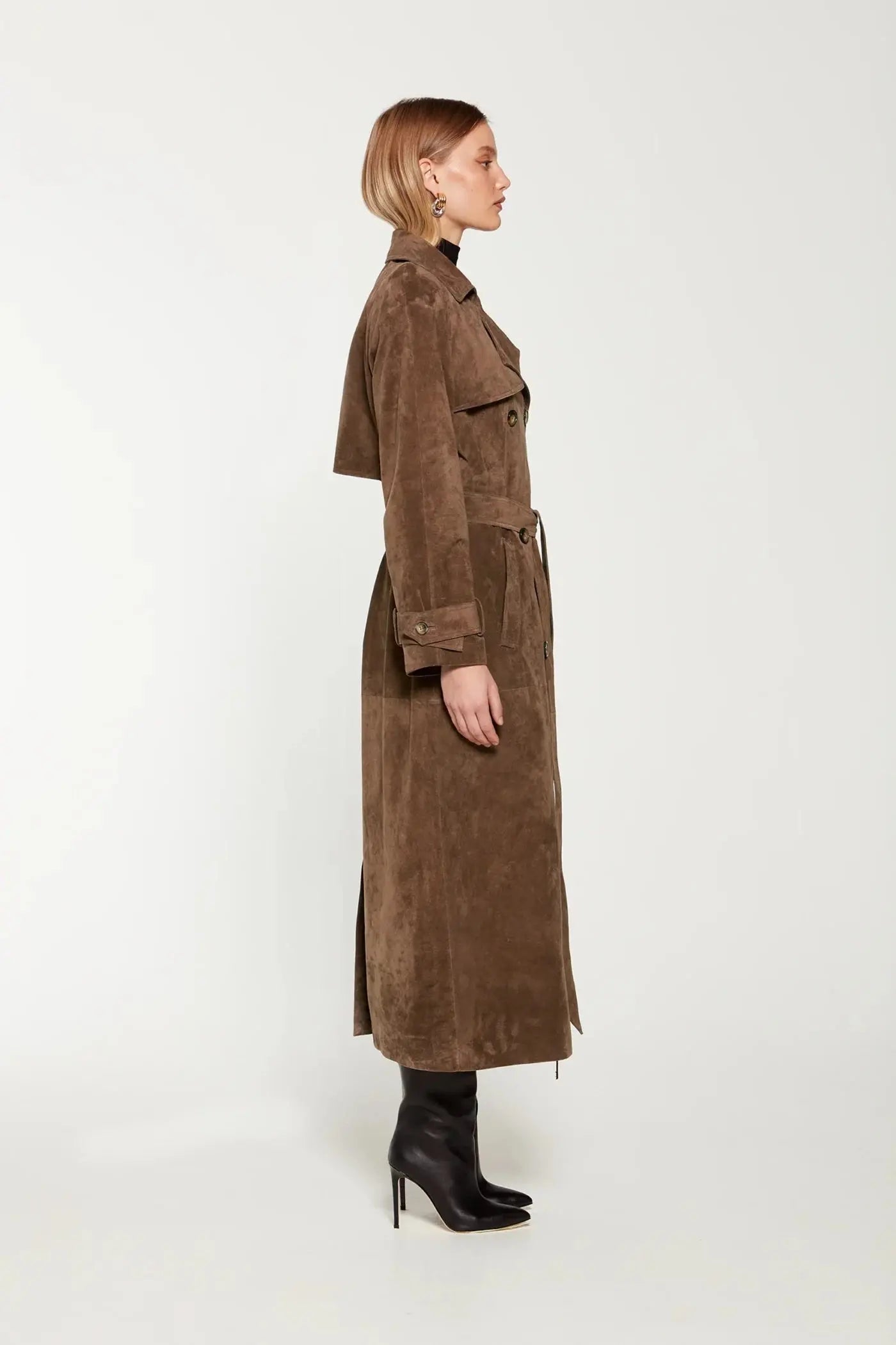 Classic Long Trench Coat with Waist Belt and Double-Breasted Design