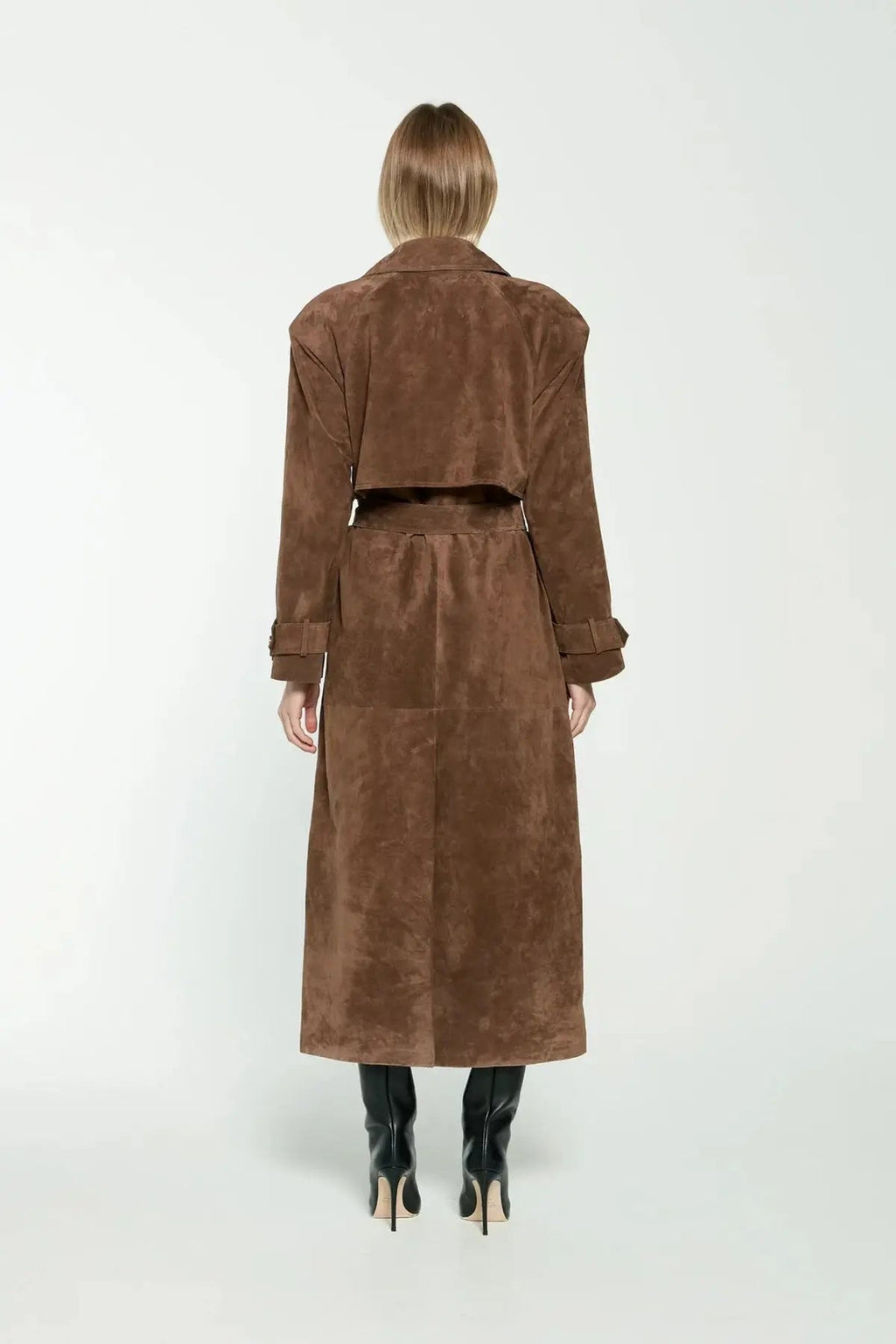 Classic Long Trench Coat with Waist Belt and Double-Breasted Design