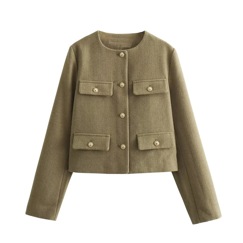 Chic Gold-Button Cropped Jacket with Pocket Detail