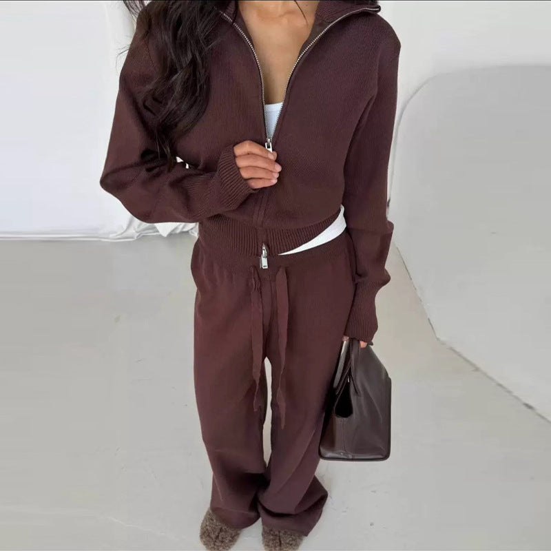 Knitted Zip Jacket and Wide-Leg Trousers Set