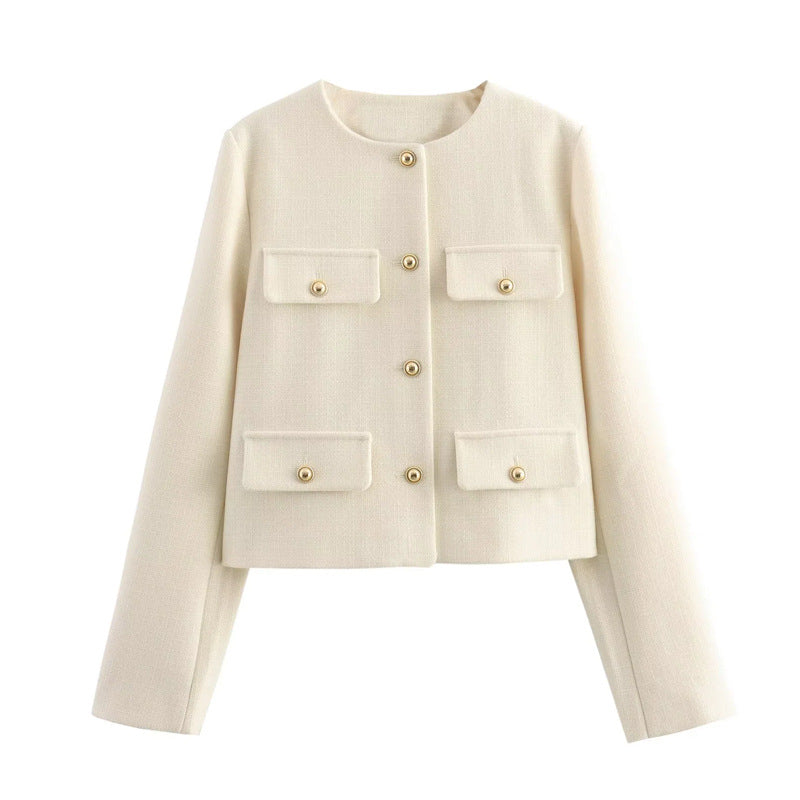 Chic Gold-Button Cropped Jacket with Pocket Detail