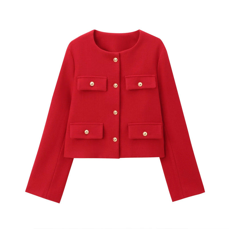 Chic Gold-Button Cropped Jacket with Pocket Detail