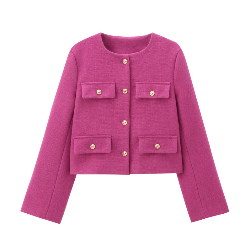 Chic Gold-Button Cropped Jacket with Pocket Detail