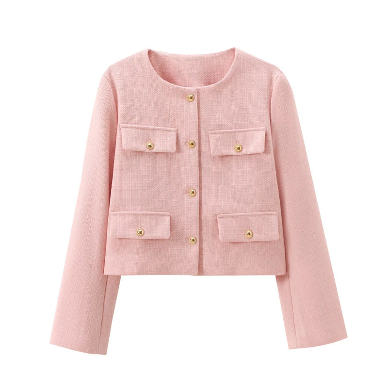 Chic Gold-Button Cropped Jacket with Pocket Detail
