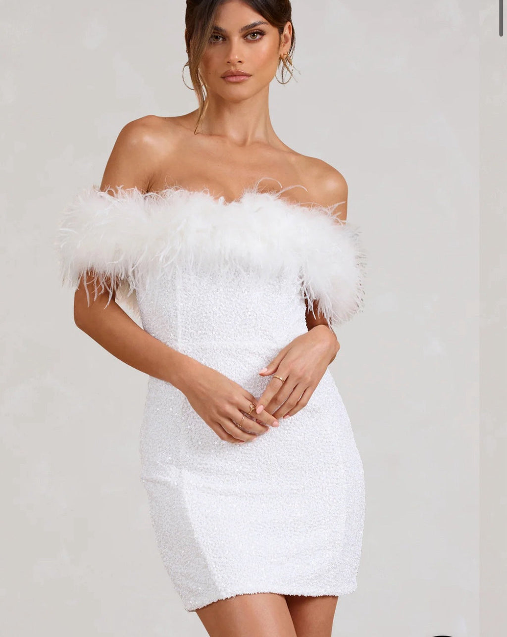 Off-Shoulder Sequin Mini Dress with Feather Trim