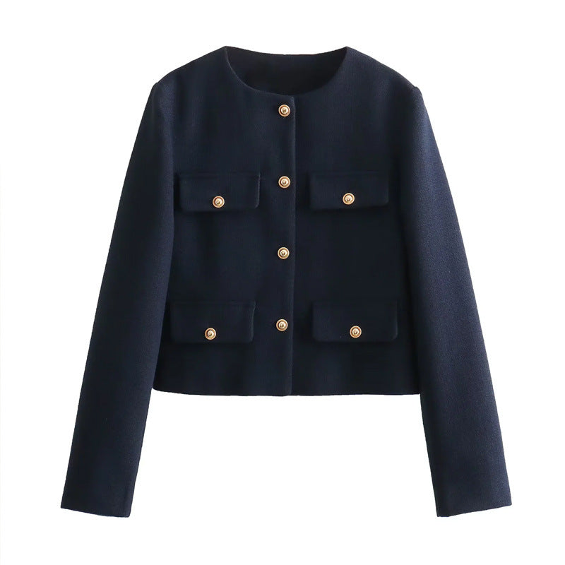Chic Gold-Button Cropped Jacket with Pocket Detail