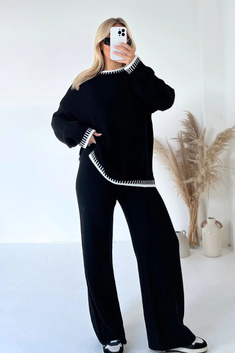 Contrast Trim Knit Two-Piece Lounge Set