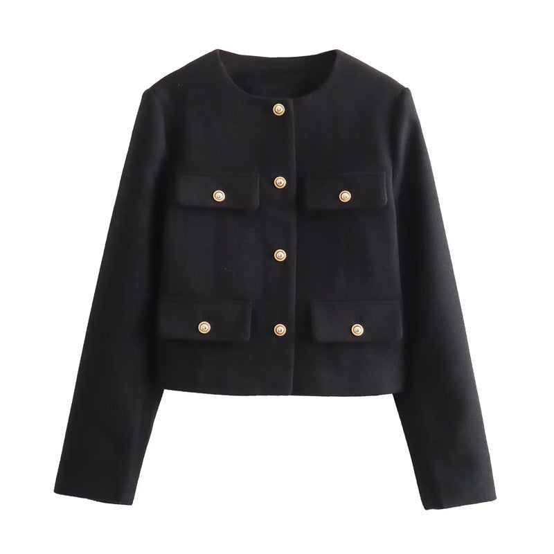 Chic Gold-Button Cropped Jacket with Pocket Detail