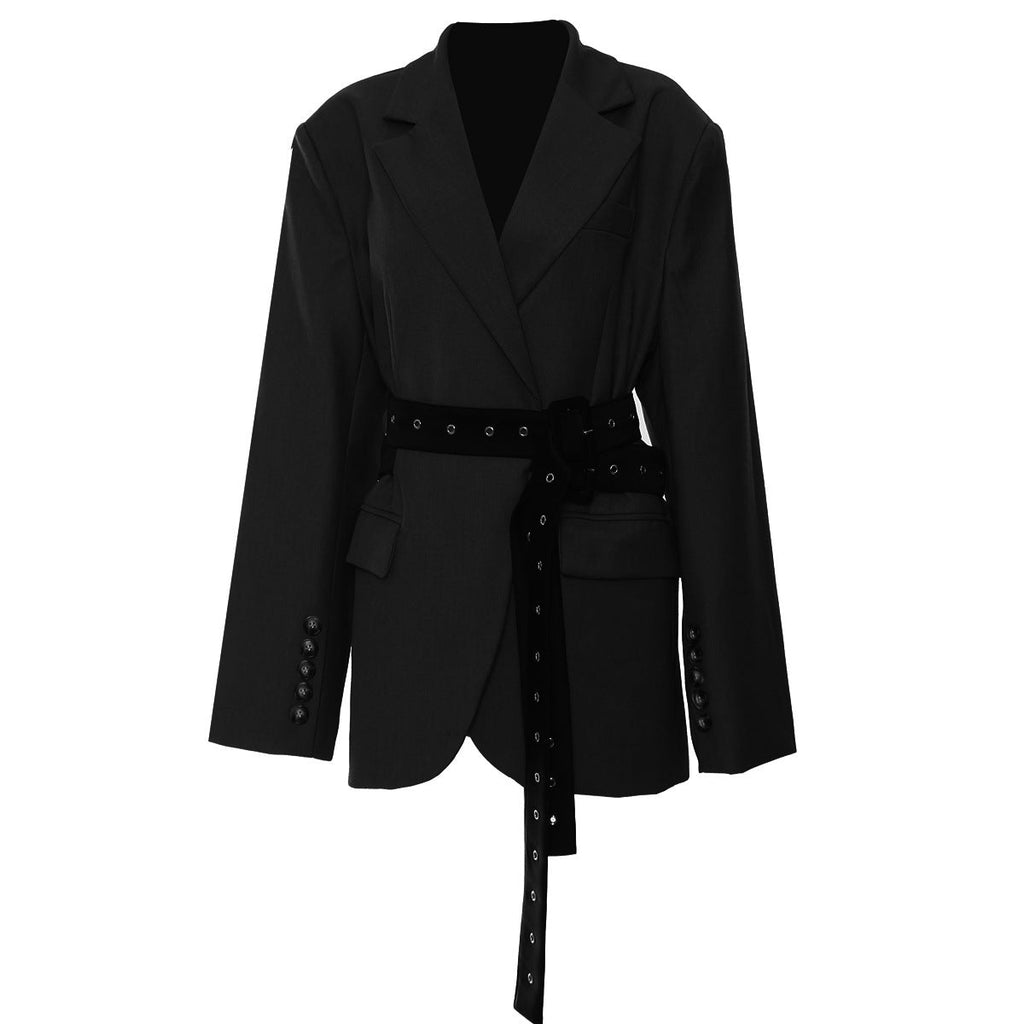 Tailored Belted Blazer Jacket with Lapel Collar