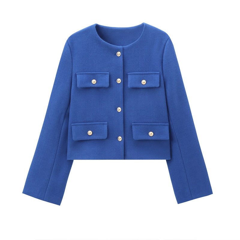 Chic Gold-Button Cropped Jacket with Pocket Detail