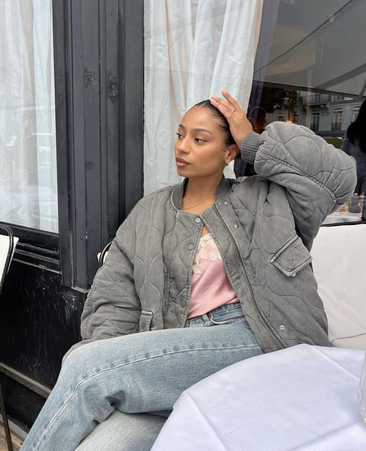 Oversized Quilted Bomber Jacket with Pocket Detail