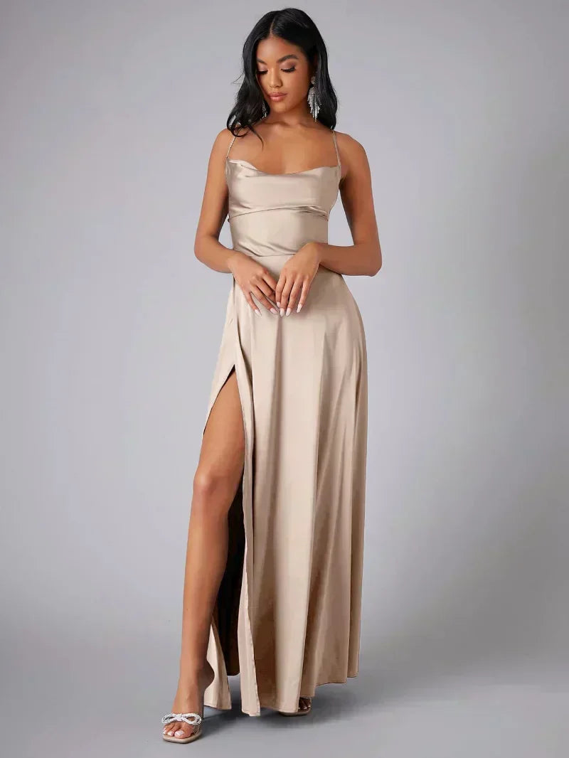 Satin Cowl Neck Maxi Dress with Side Slit