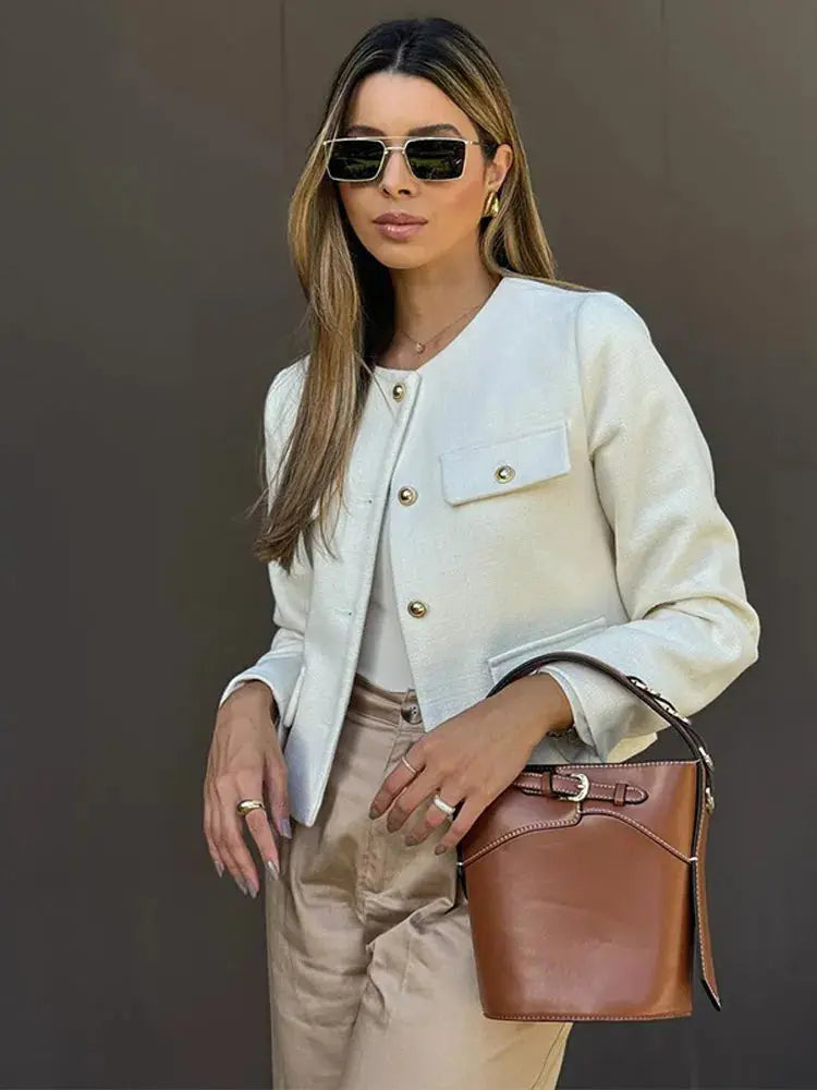 Elegant Textured Button-Up Cropped Jacket