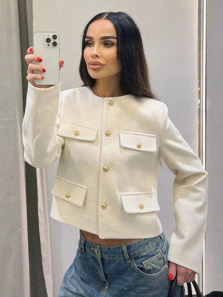 Elegant Textured Button-Up Cropped Jacket