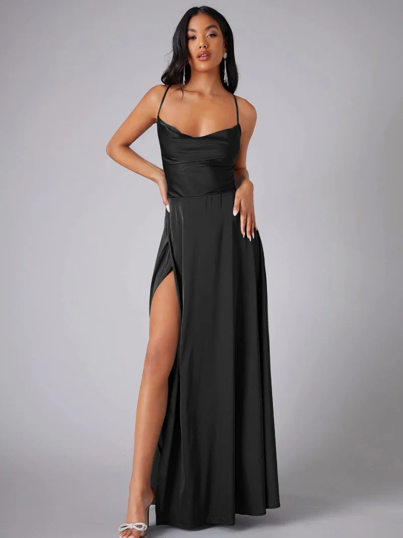 Satin Cowl Neck Maxi Dress with Side Slit