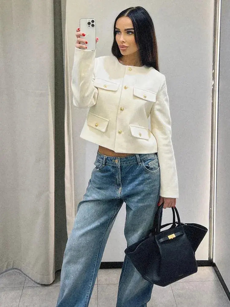 Elegant Textured Button-Up Cropped Jacket