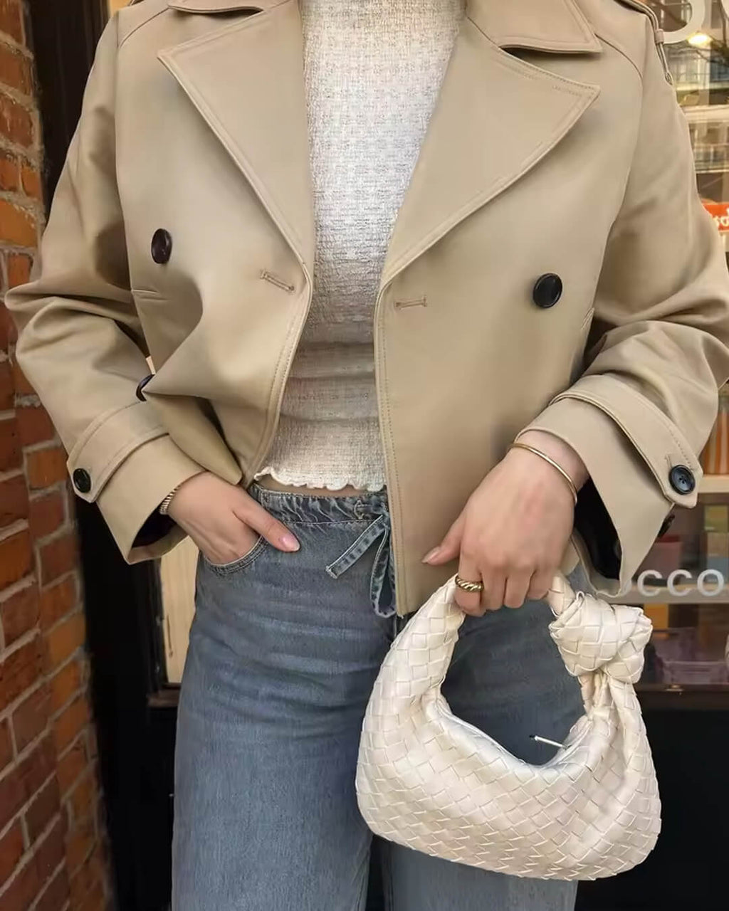 Cropped Double-Breasted Trench Coat with Contrast Buttons