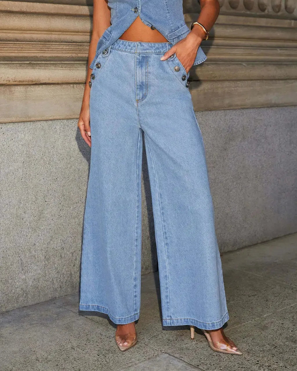 Sleeveless Denim Co-Ord Set with Wide-Leg Trousers
