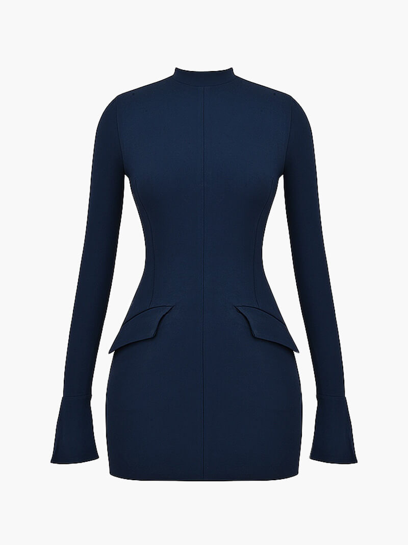 Navy Long Sleeve Bodycon Mini Dress with Peplum Waist Detail