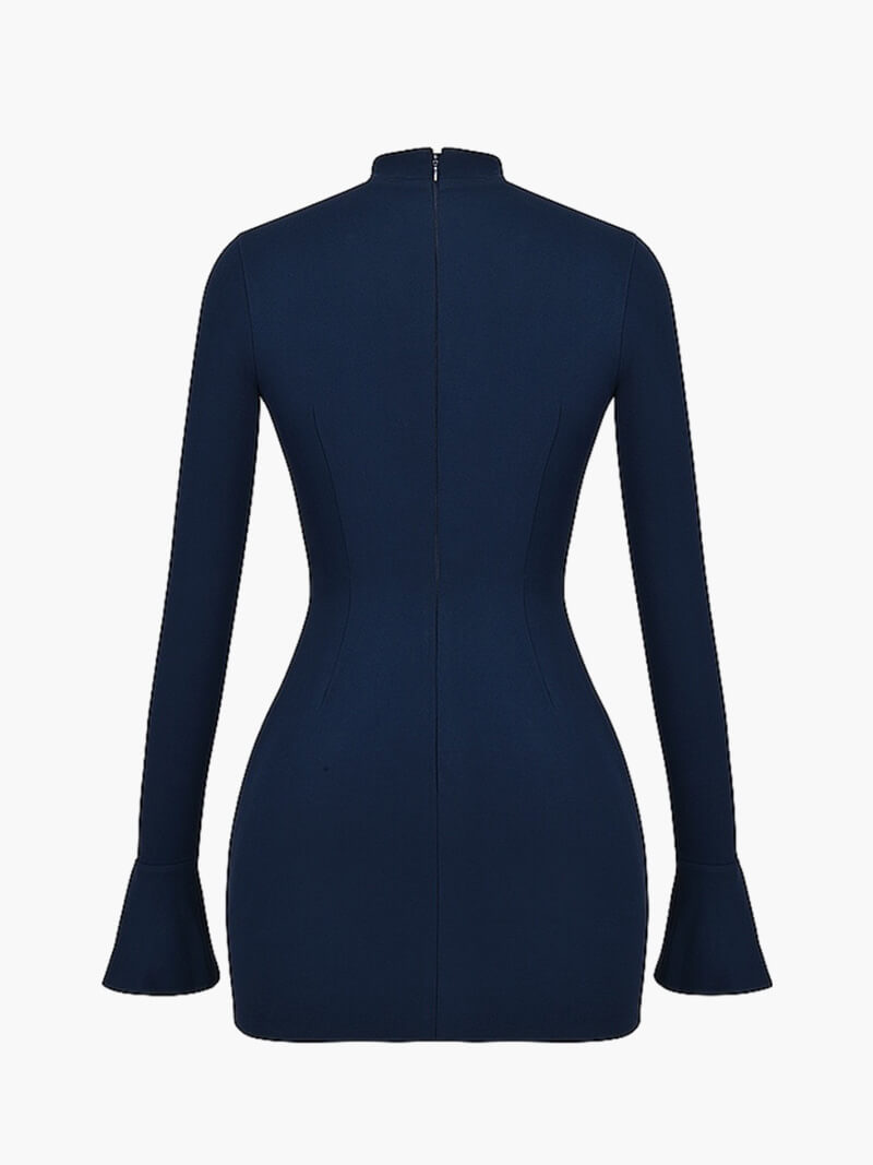 Navy Long Sleeve Bodycon Mini Dress with Peplum Waist Detail