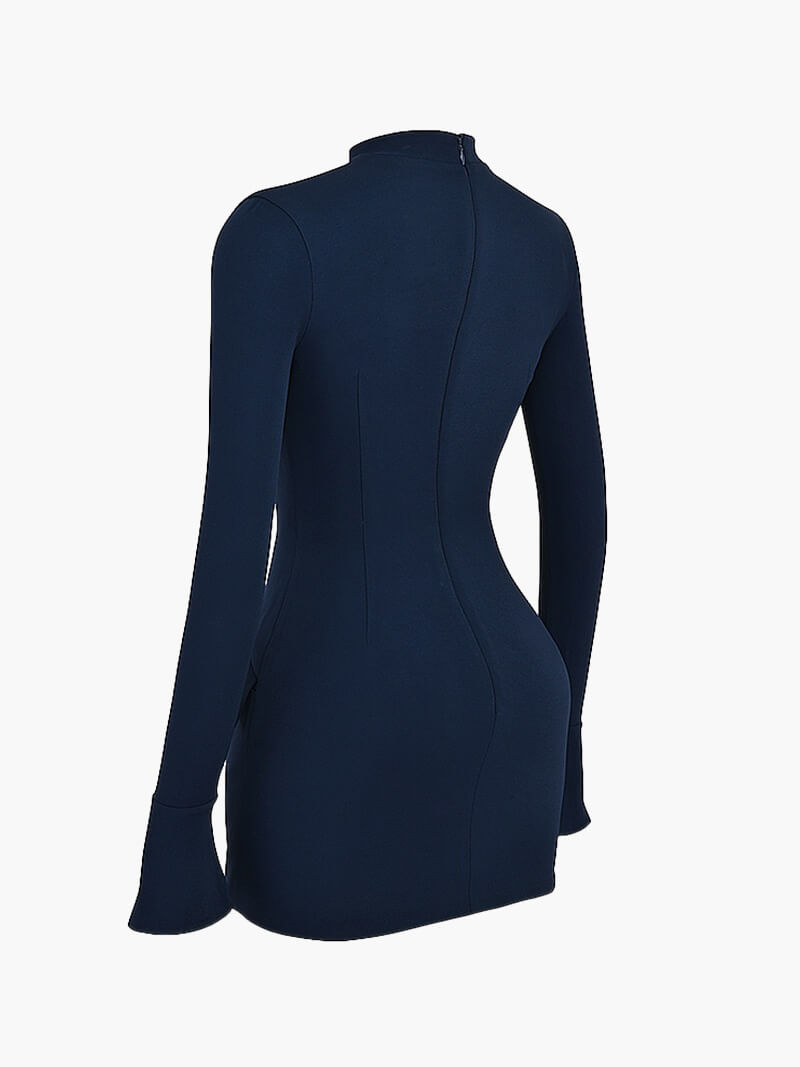 Navy Long Sleeve Bodycon Mini Dress with Peplum Waist Detail