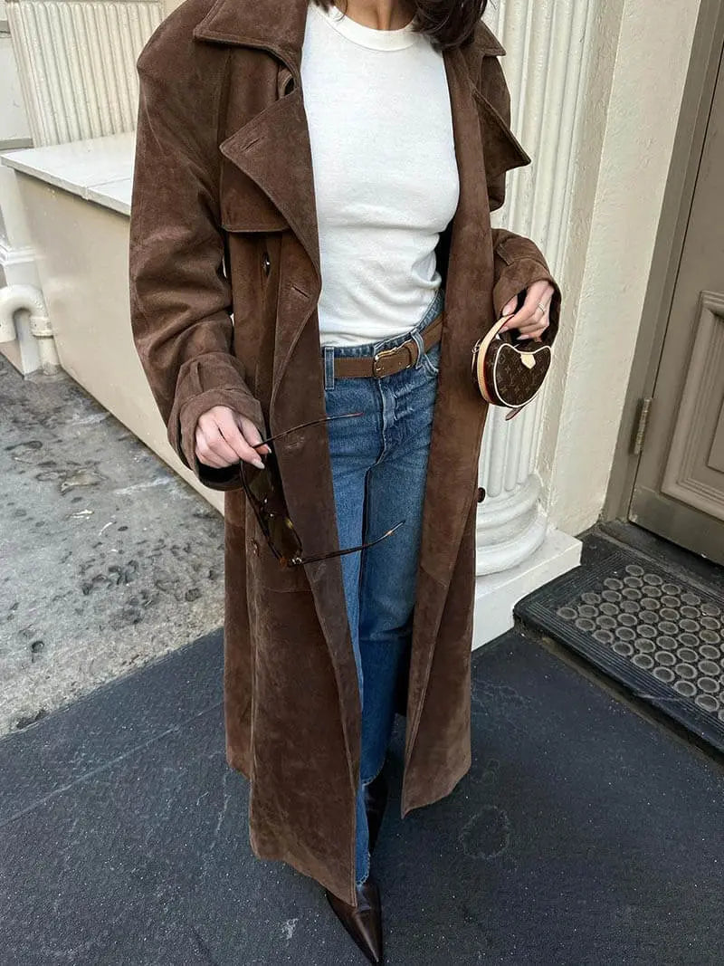 Classic Long Trench Coat with Waist Belt and Double-Breasted Design