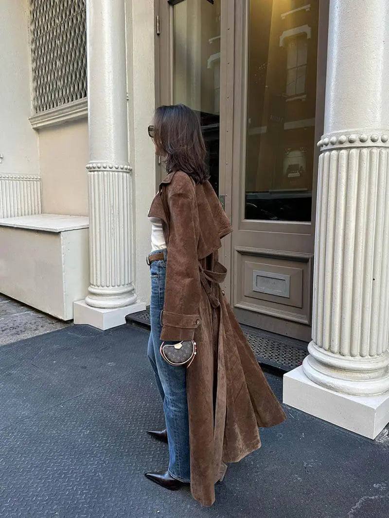 Classic Long Trench Coat with Waist Belt and Double-Breasted Design