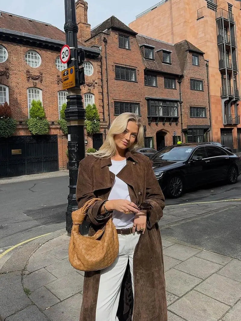 Classic Long Trench Coat with Waist Belt and Double-Breasted Design