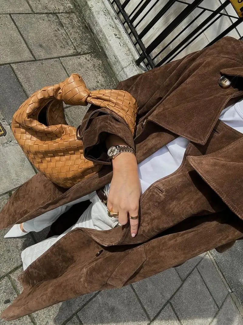 Classic Long Trench Coat with Waist Belt and Double-Breasted Design