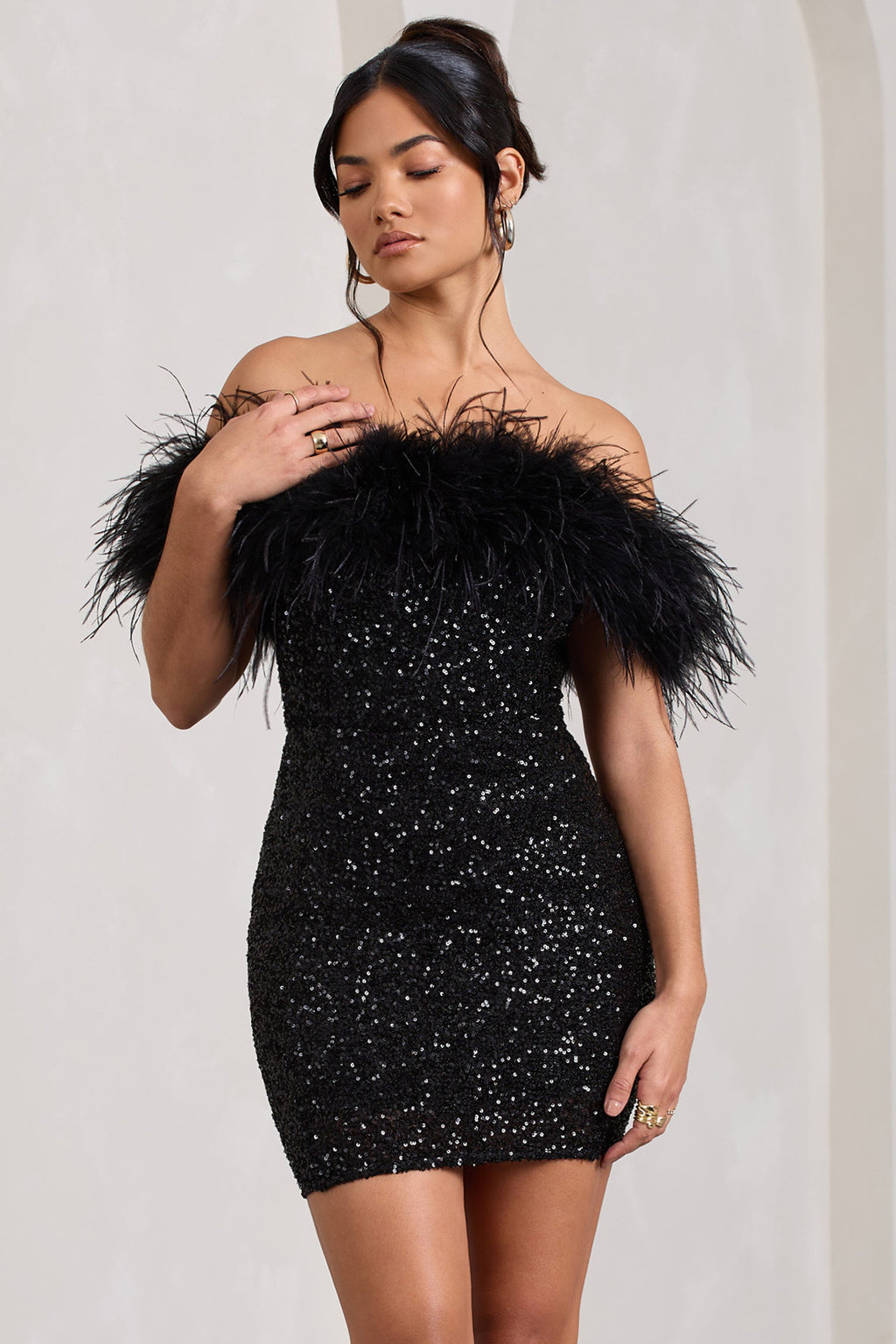 Off-Shoulder Sequin Mini Dress with Feather Trim