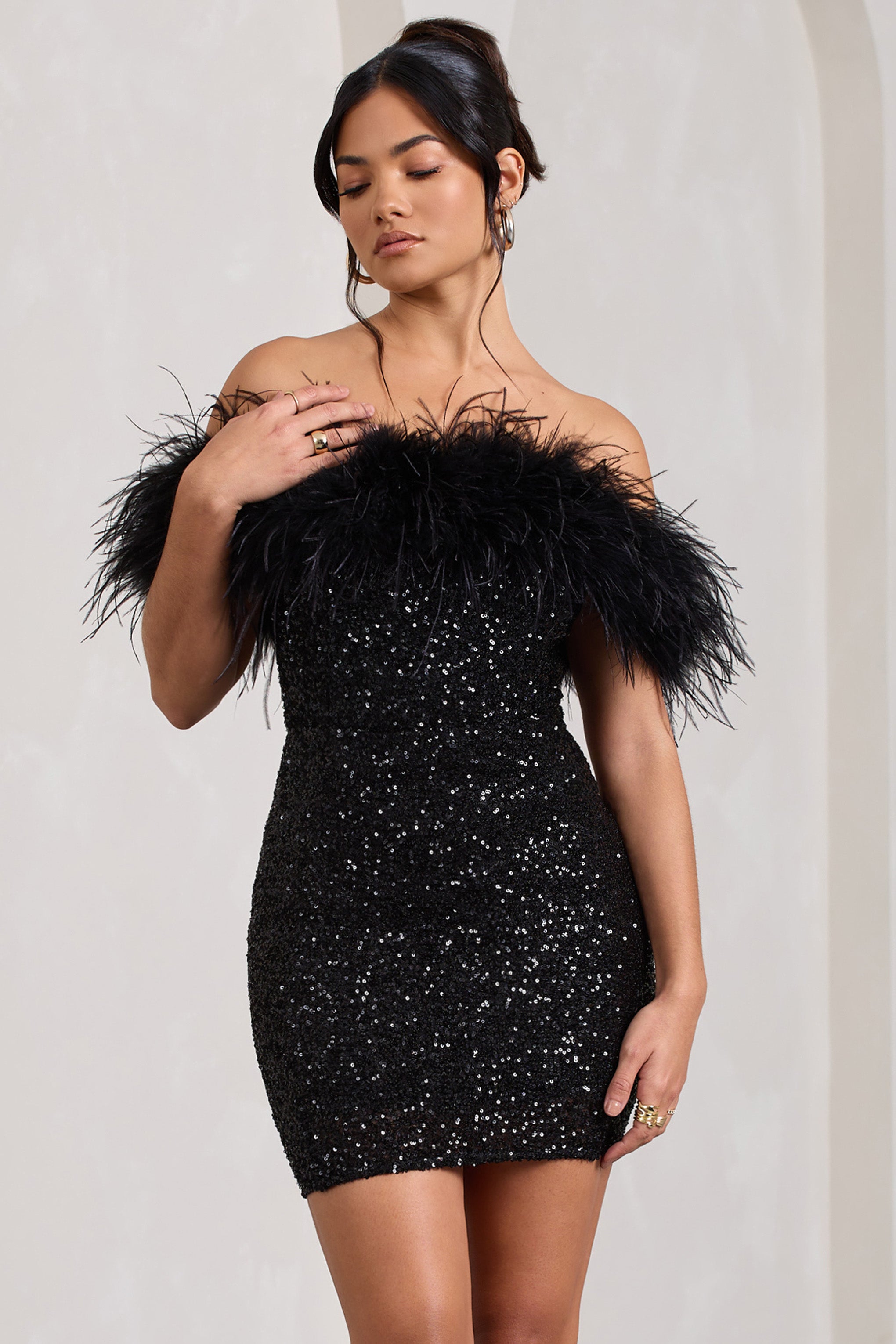Off-Shoulder Sequin Mini Dress with Feather Trim