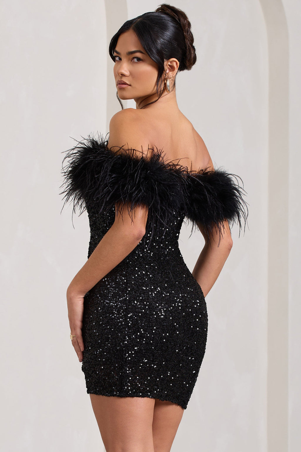 Off-Shoulder Sequin Mini Dress with Feather Trim