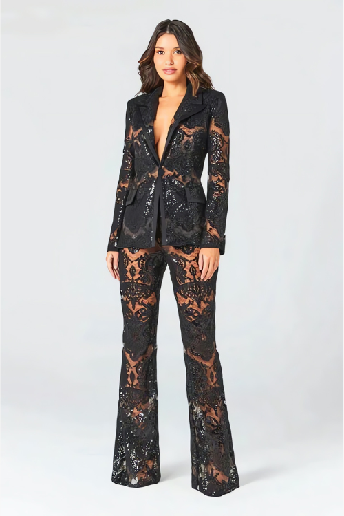 Lace Co-Ord Set with Sheer Blazer and Flared Trousers