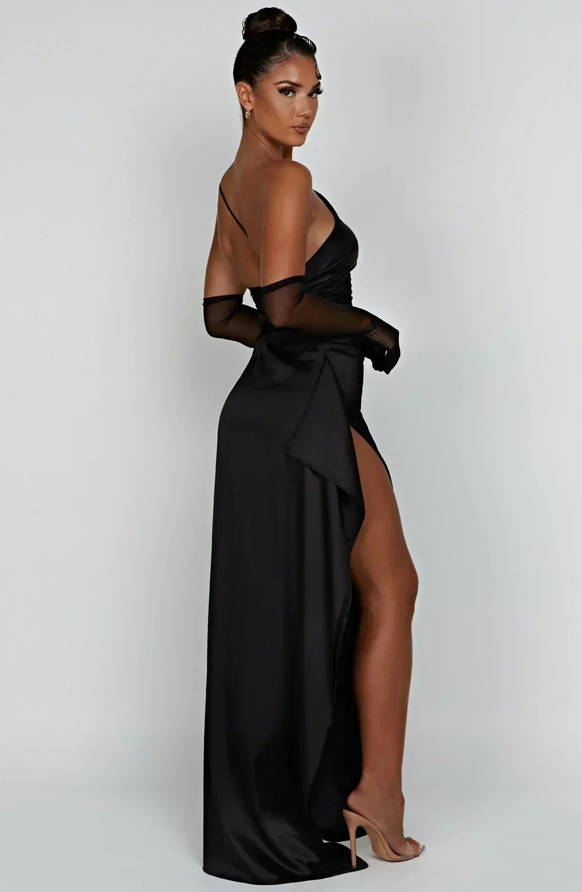 One-Shoulder Satin Maxi Dress with High Slit