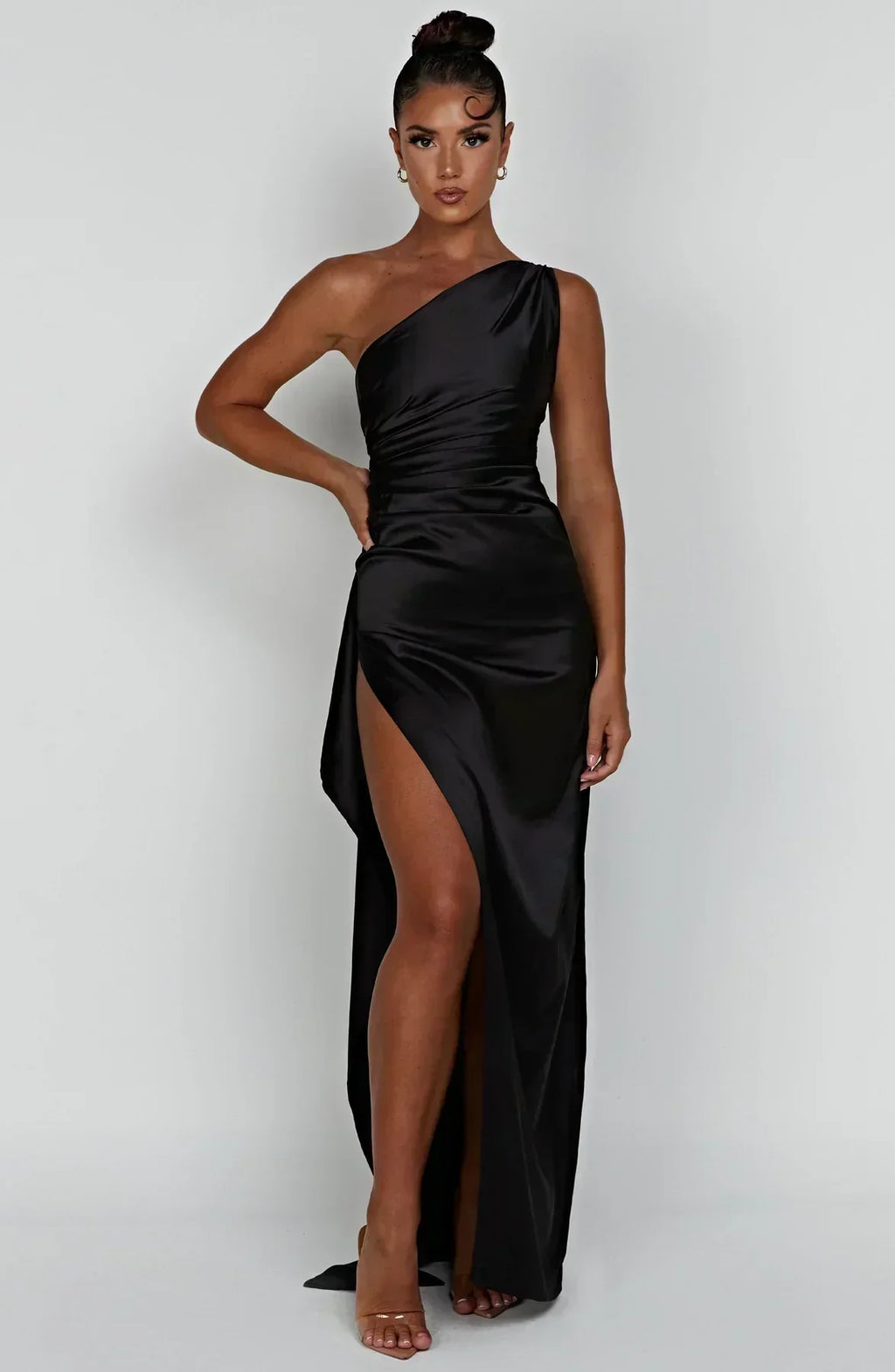 One-Shoulder Satin Maxi Dress with High Slit