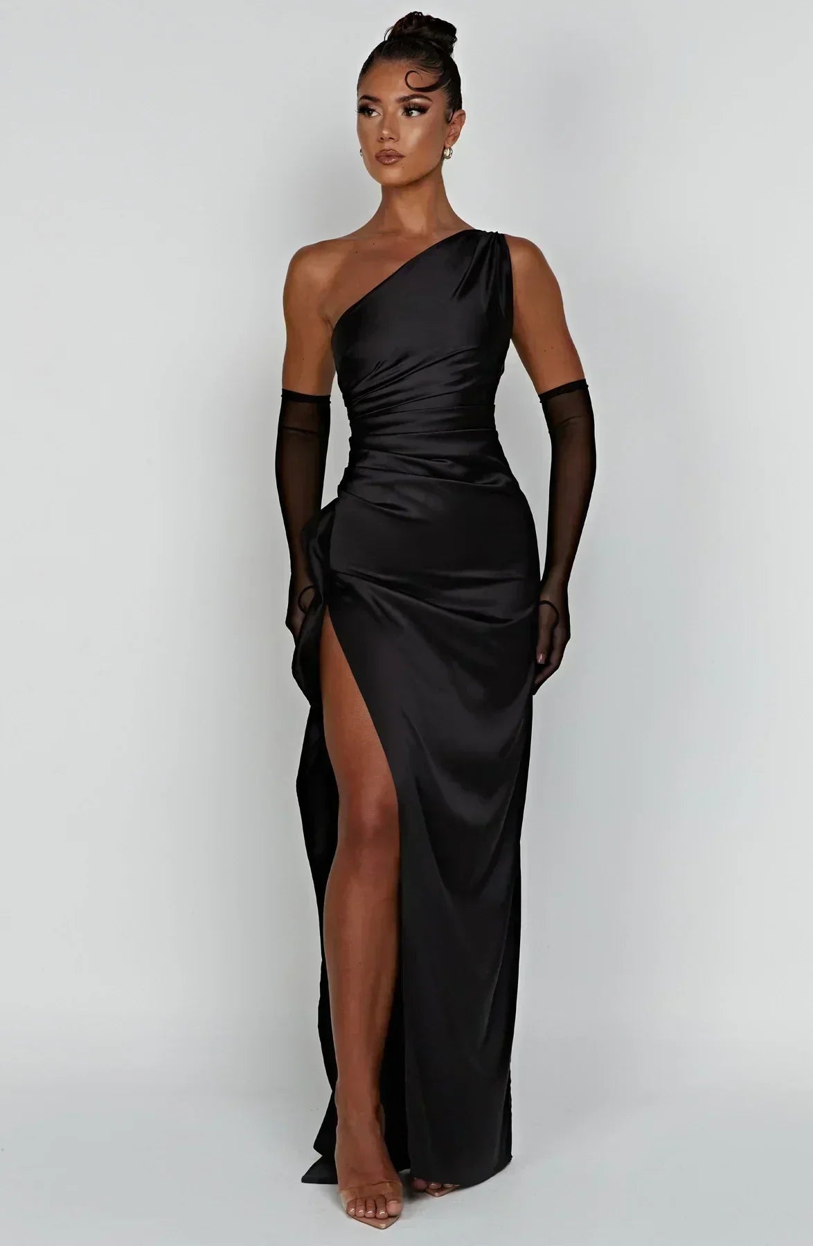 One-Shoulder Satin Maxi Dress with High Slit
