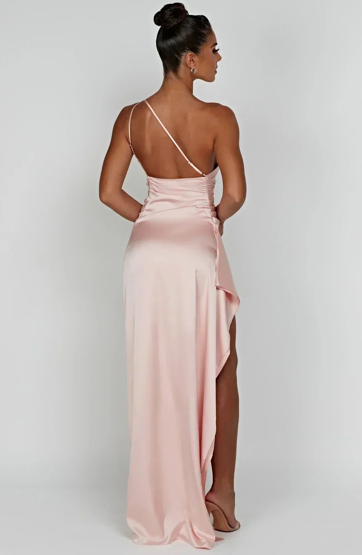One-Shoulder Satin Maxi Dress with High Slit