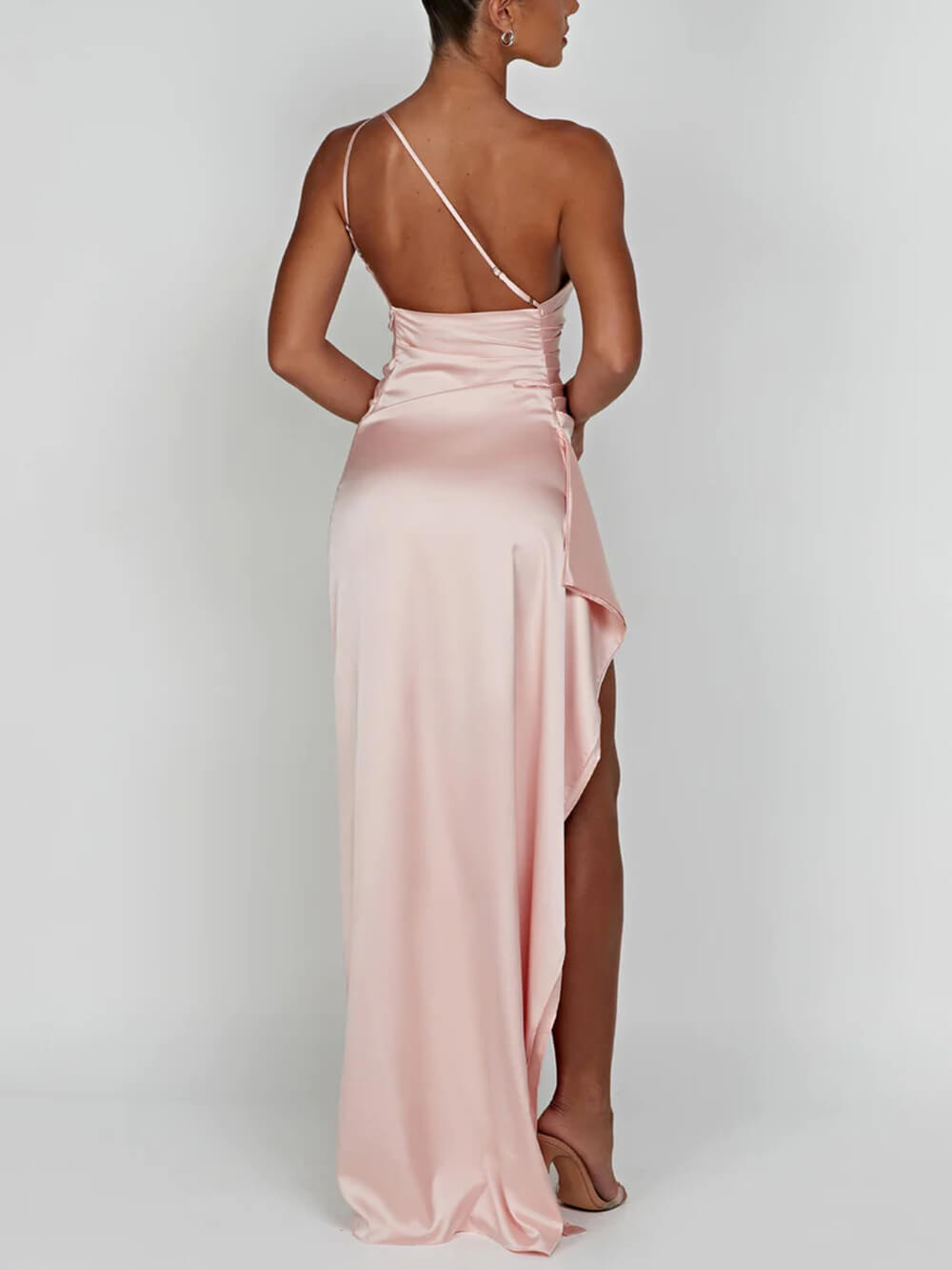 One-Shoulder Satin Maxi Dress with High Slit