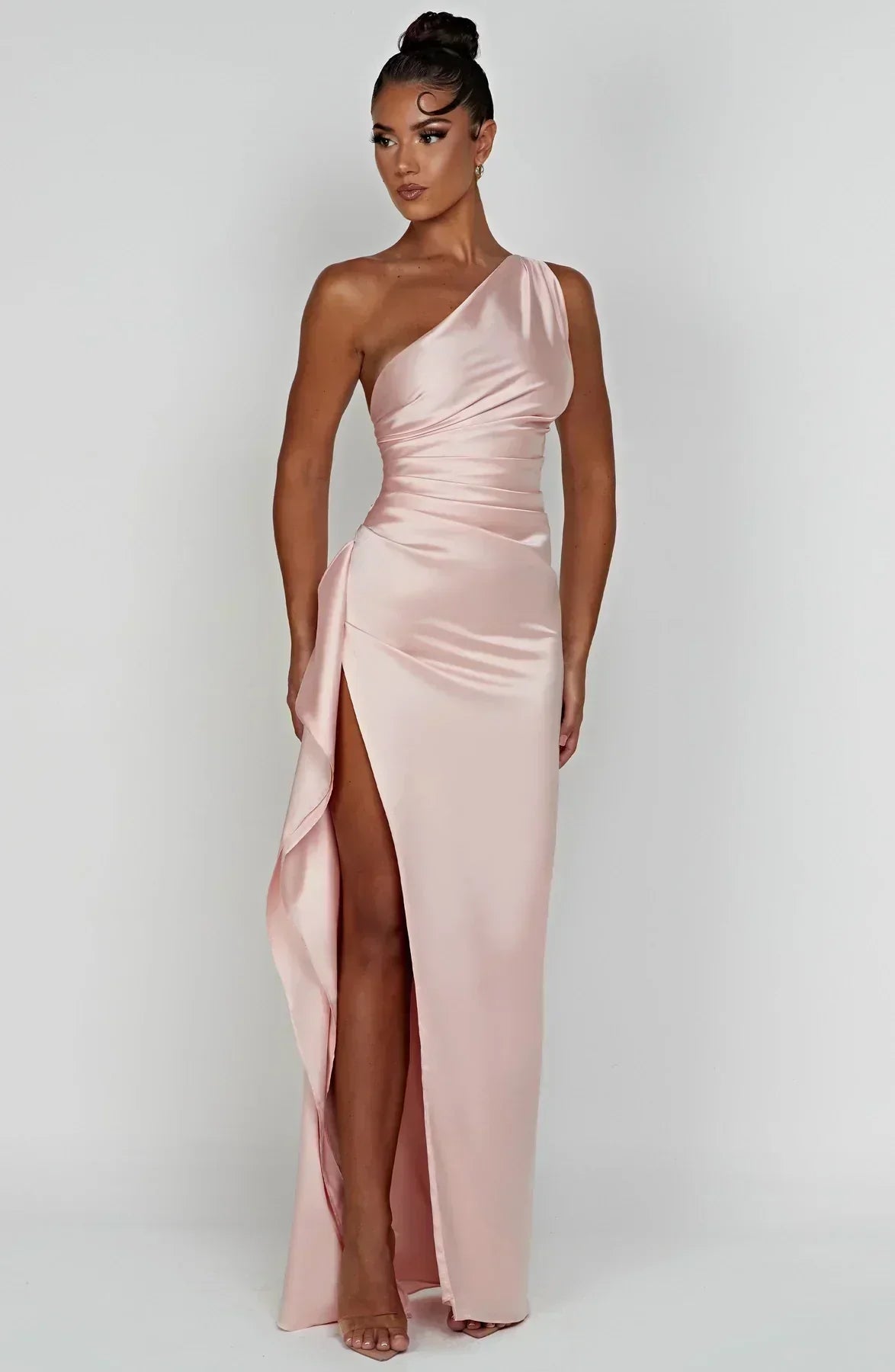 One-Shoulder Satin Maxi Dress with High Slit