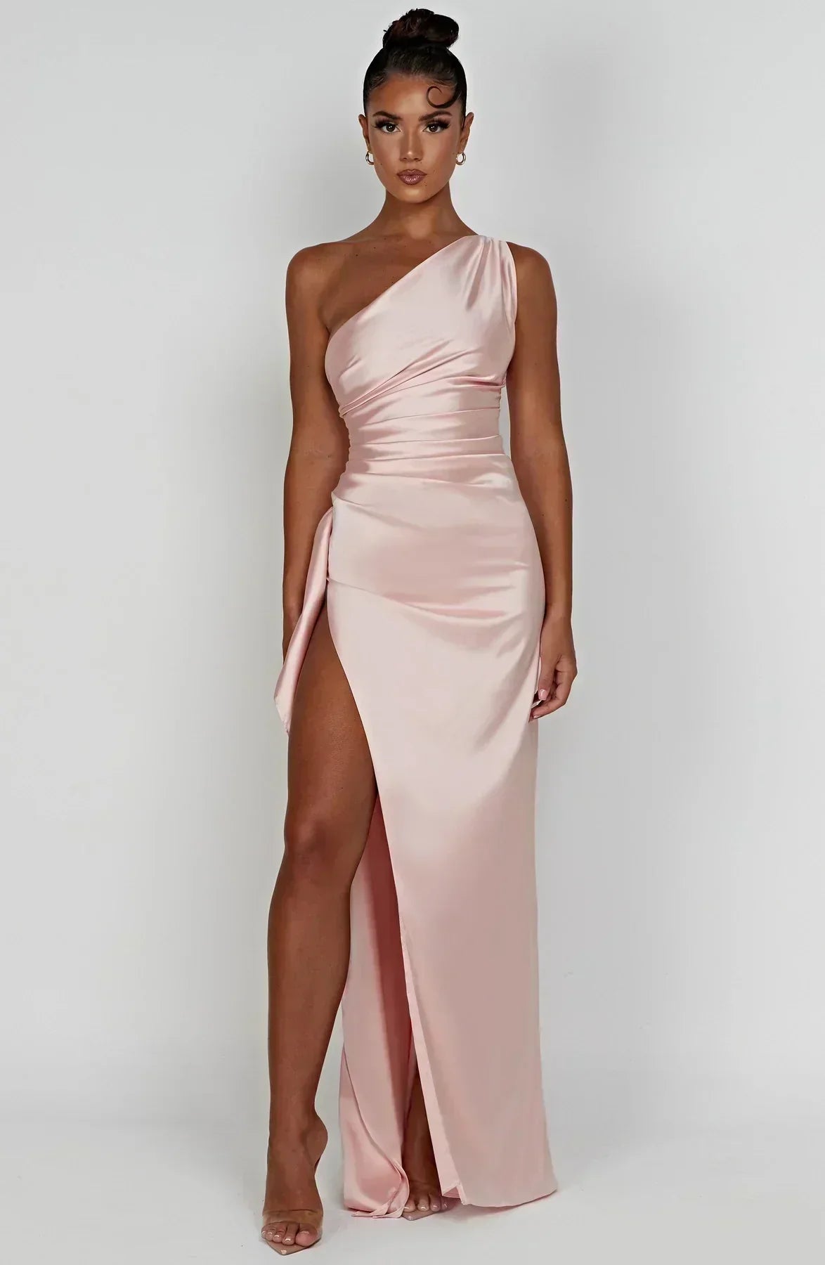 One-Shoulder Satin Maxi Dress with High Slit