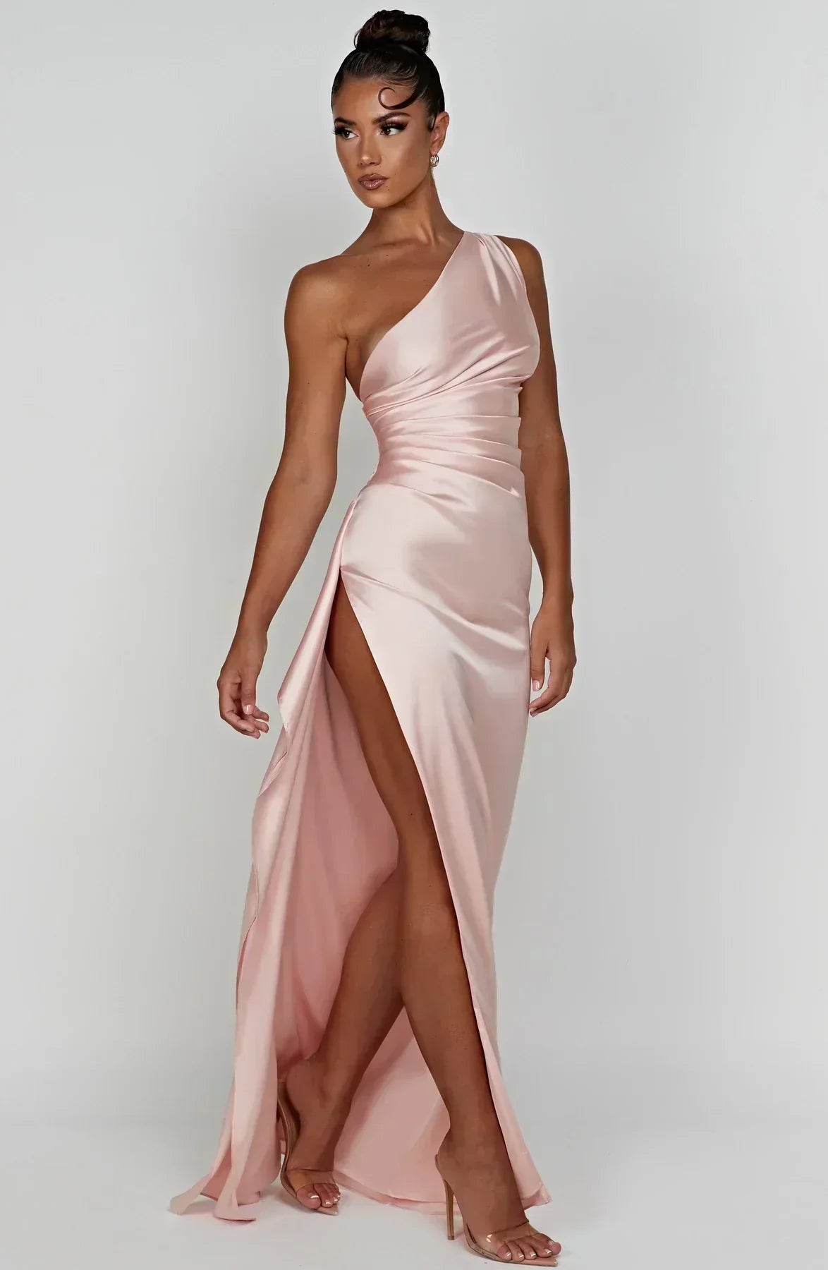 One-Shoulder Satin Maxi Dress with High Slit