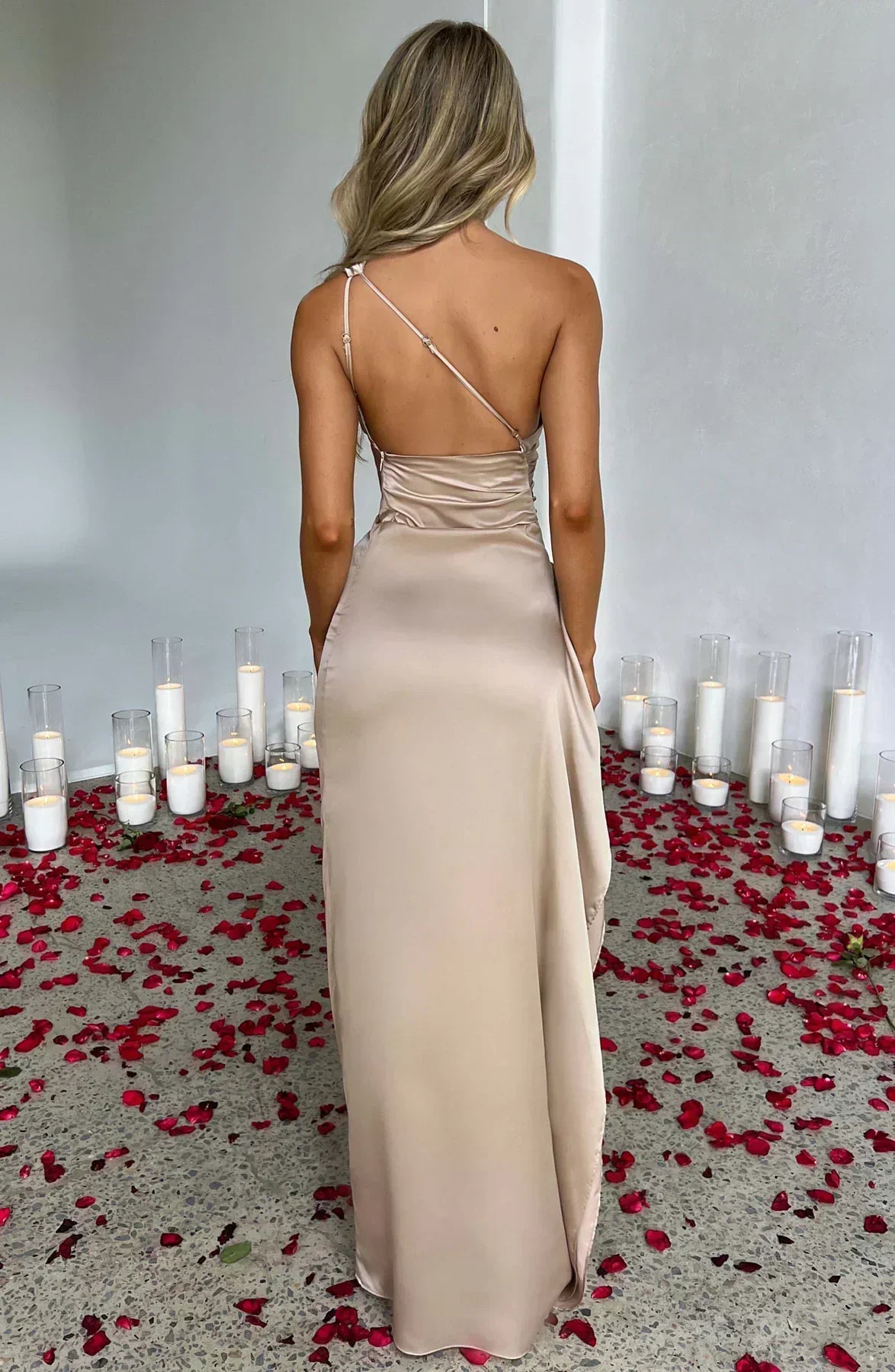 One-Shoulder Satin Maxi Dress with High Slit